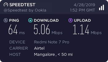 Photo of the Speedtest result page